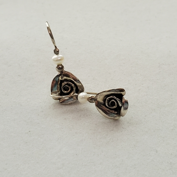 PZ ISRAEL Sterling Rose Earrings with White Cultured Pearl 1.25”L - Picture 8 of 15